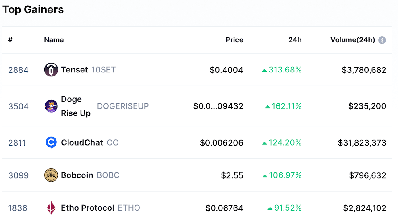 Bobcoin in Top 5 Gainers Today on CoinMarketCap!